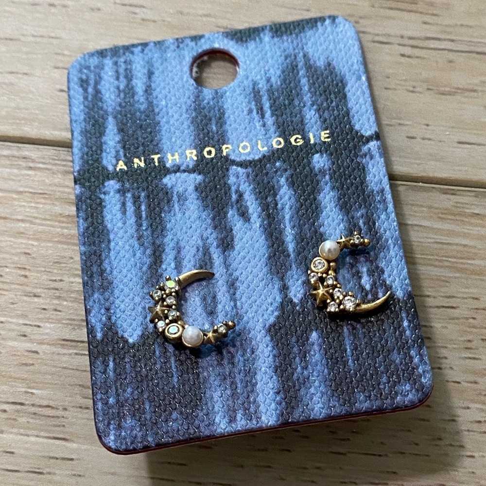 Anthropologie Gold Crescent Studs with Pearl Details